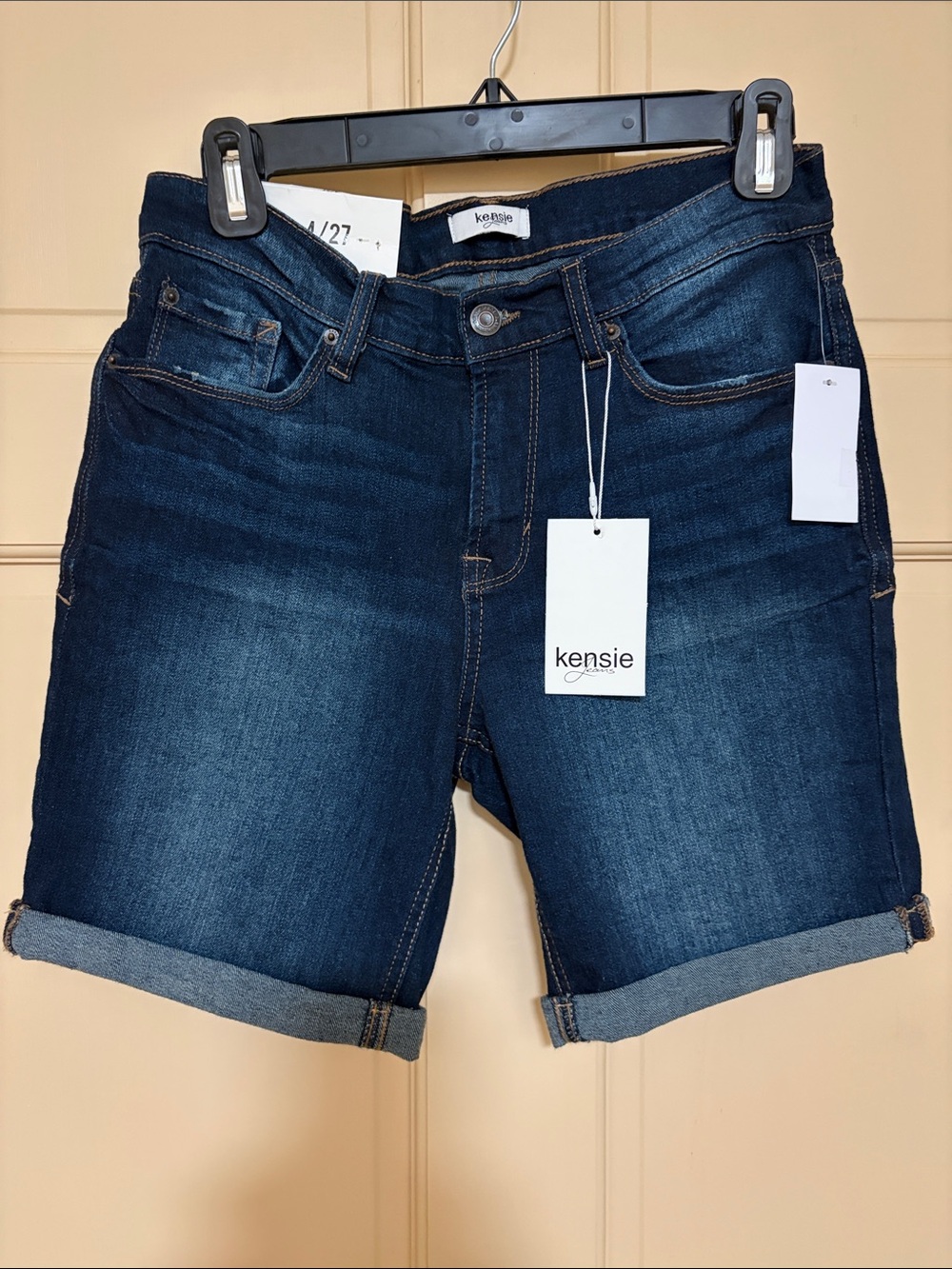 Kensie Dark Blue Rolled-Cuff Denim Bermudas